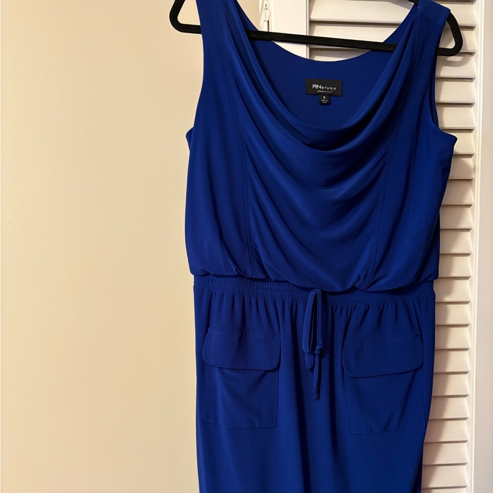 Blue Cowl Neck Sleeveless Sheath Midi Dress